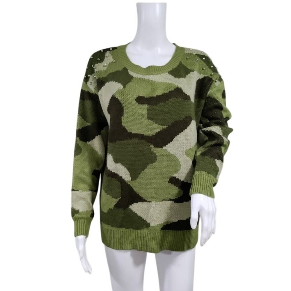 Love By Design Camo Print Studded Relaxed Fit Sweater Green Multi Womens Medium